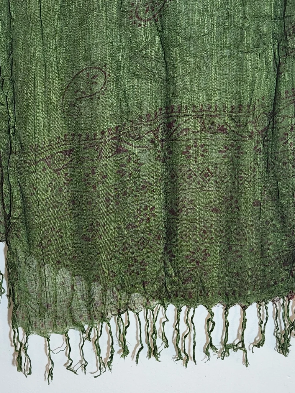 Fresh Brewed Green and Burgundy Boho Woven Scarf with Fringe Trim One Size